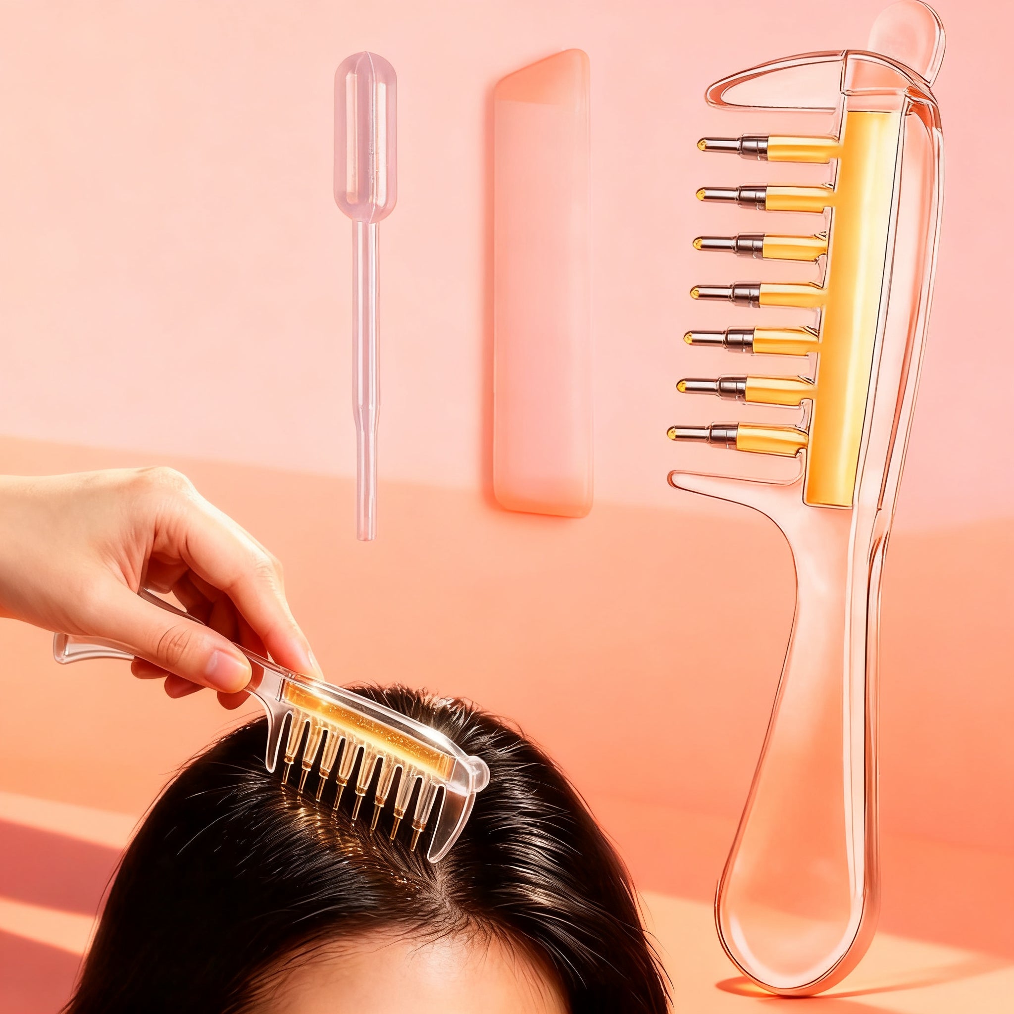 Scalp oil applicator, blush backdrop
