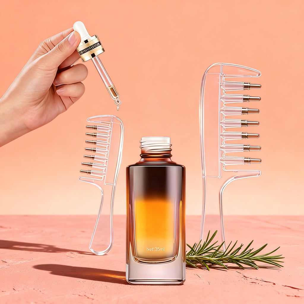 Scalp oil applicator on a blush plaster surface