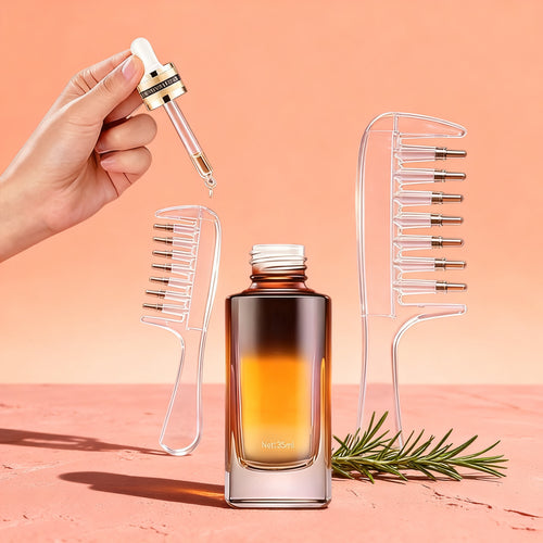 Scalp oil applicator on a blush plaster surface