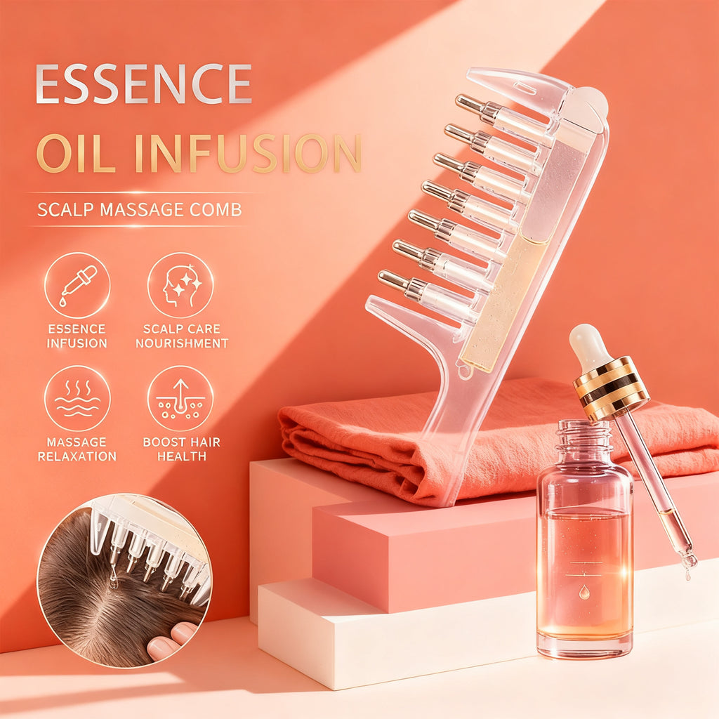 Scalp oil applicator on a blush plinth in warm light