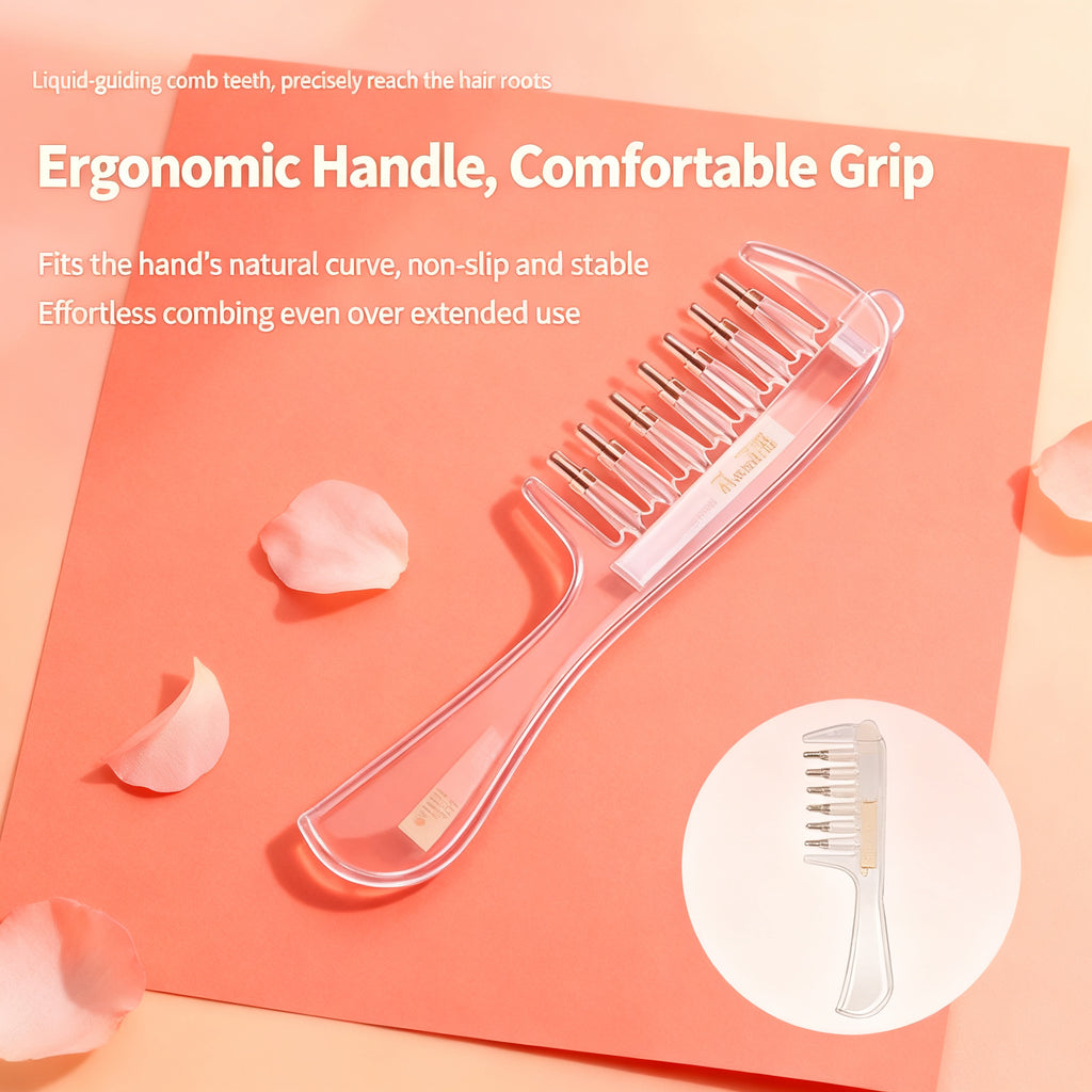 Scalp oil applicator on a coral backdrop with petals
