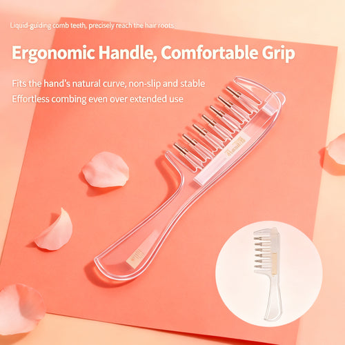 Scalp oil applicator on a coral backdrop with petals