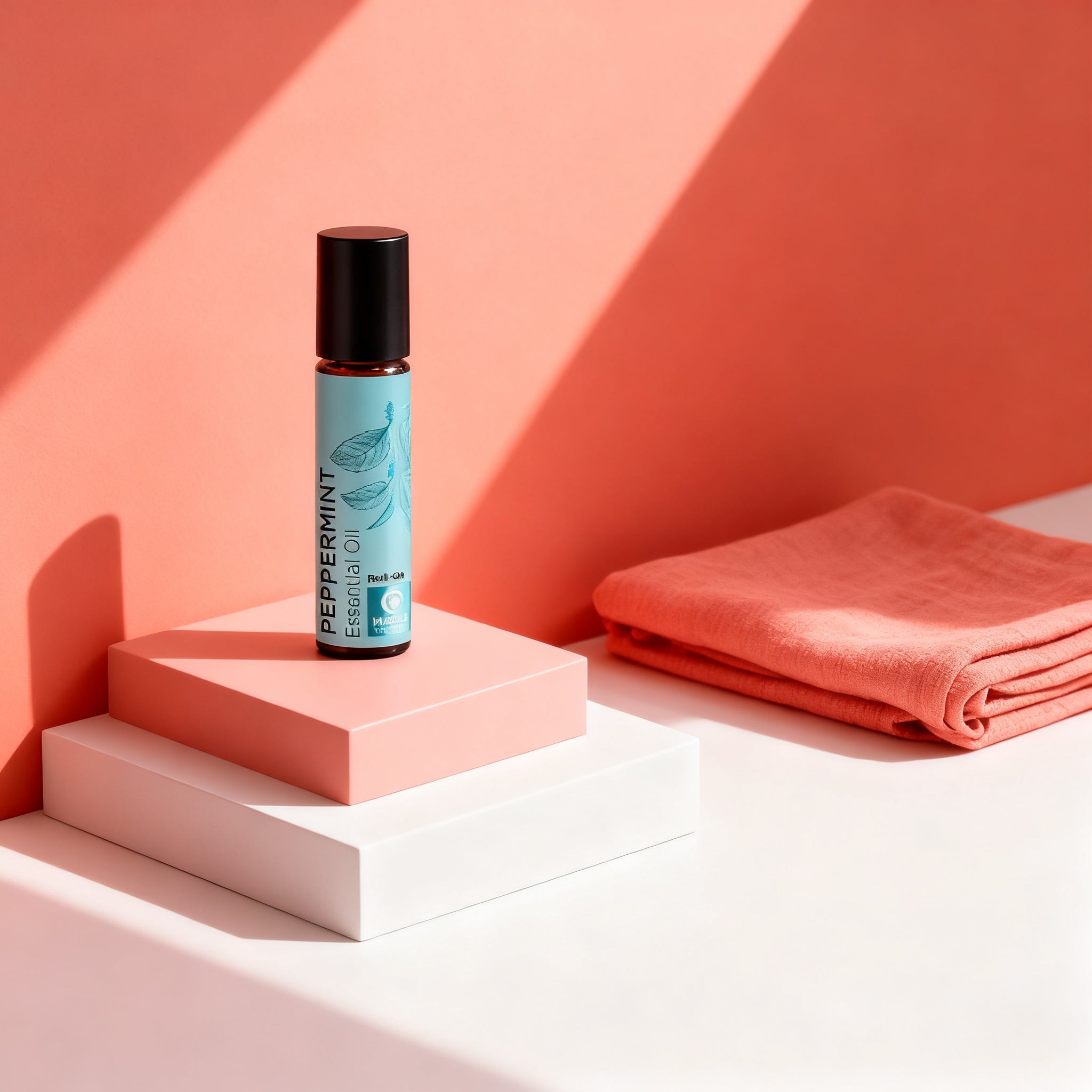 Pure Peppermint Oil Rollerball on a blush plinth in warm light